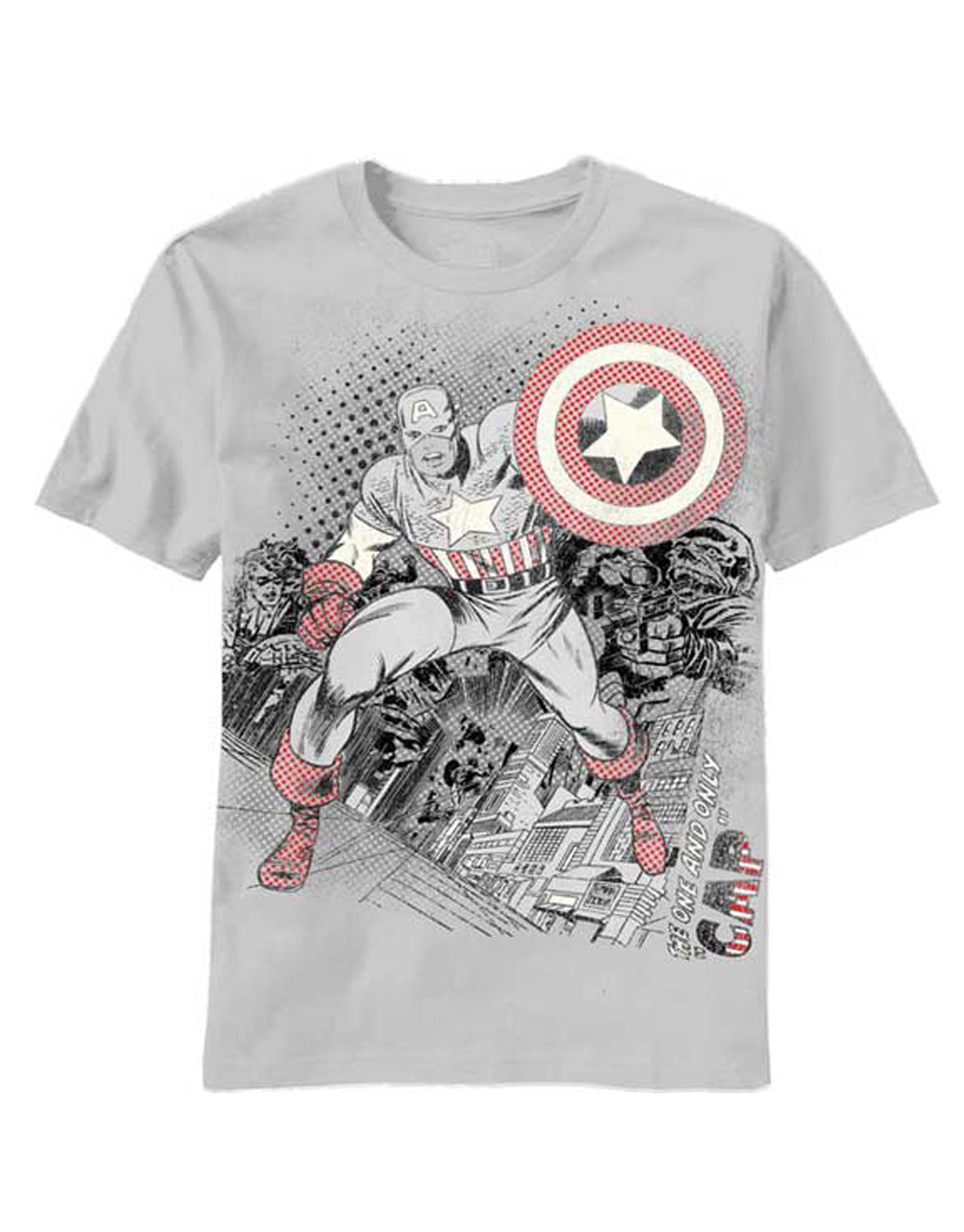 Captain America unpredictable graphic on a grey adult t-shirt.