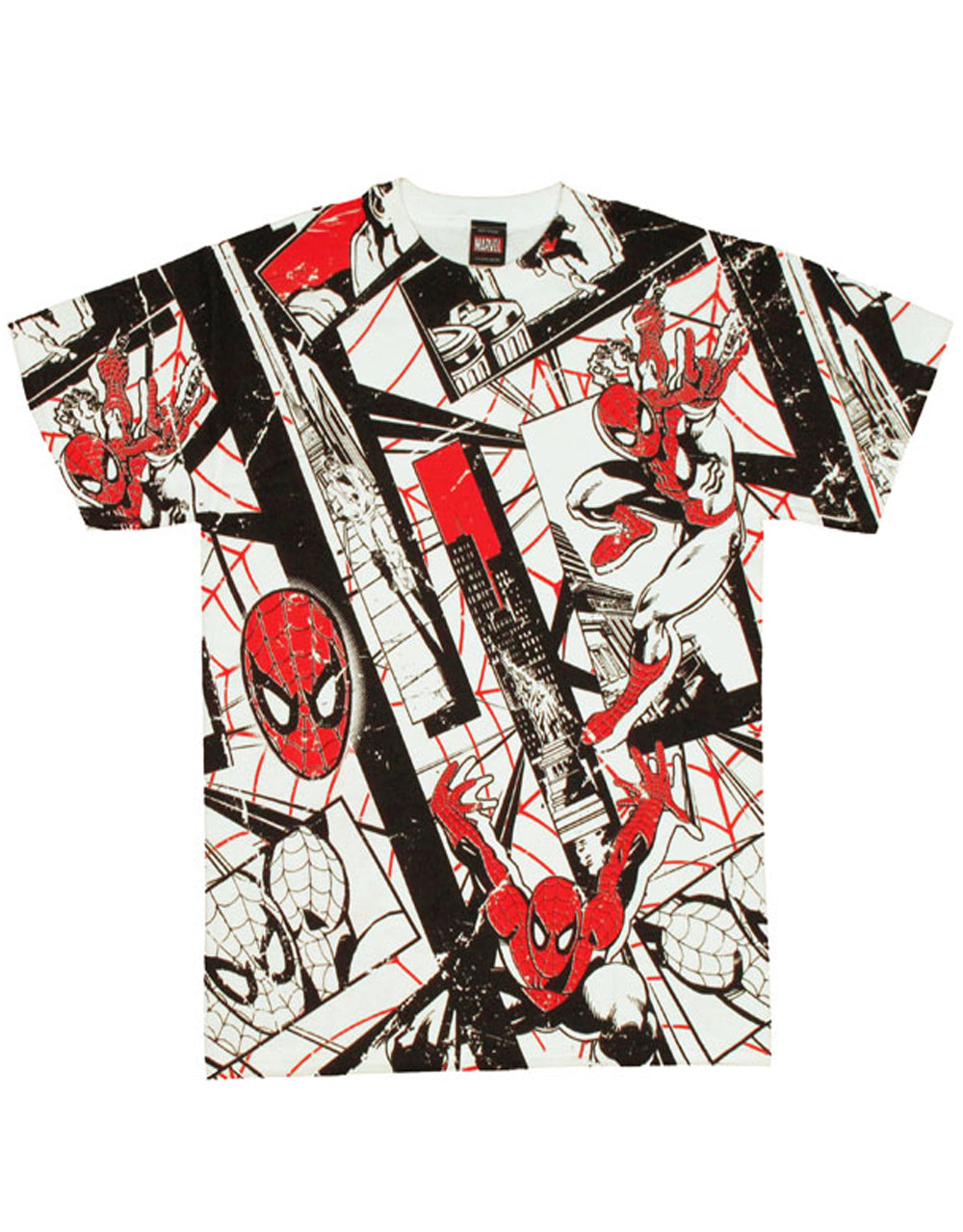Spiderman red silk graphic on a white adult t-shirt.
