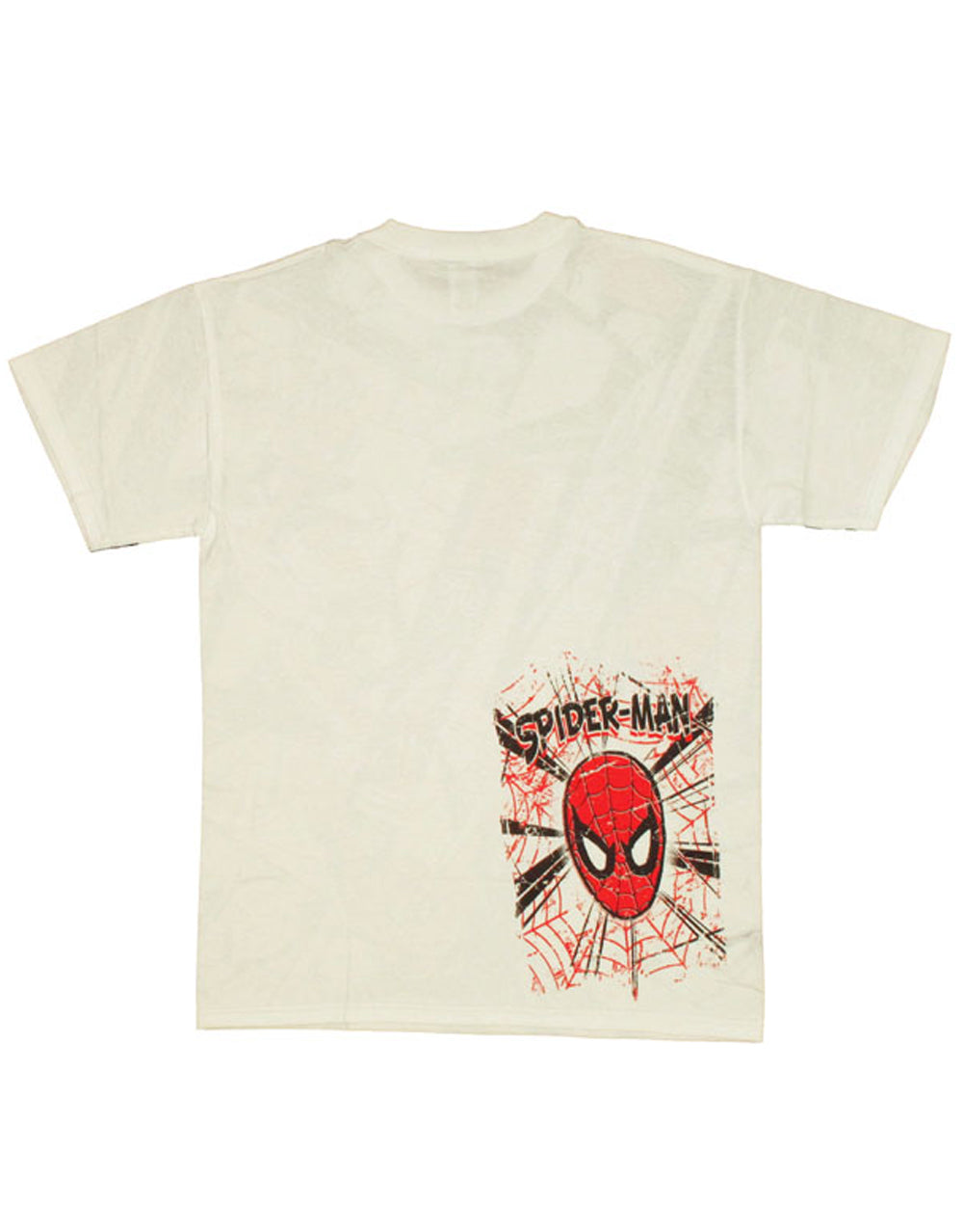 Spiderman red silk graphic on a white adult t-shirt.