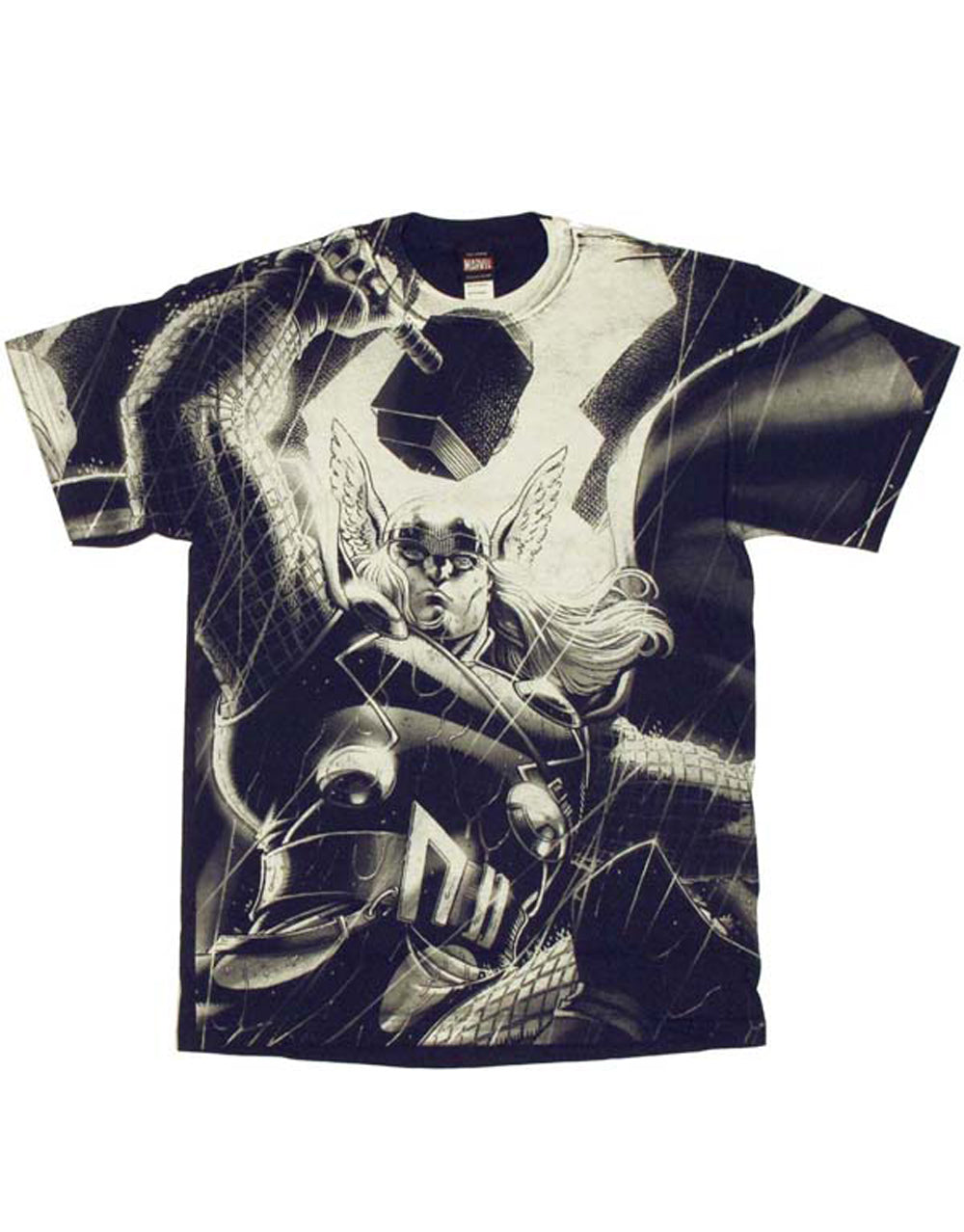 Thor thoranado graphic on a navy blue adult t-shirt.