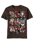 Marvel Avengers sketch cards graphic on a brown adult t-shirt.