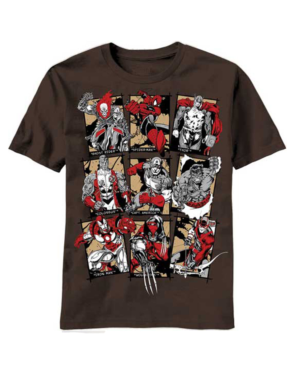 Marvel Avengers sketch cards graphic on a brown adult t-shirt.