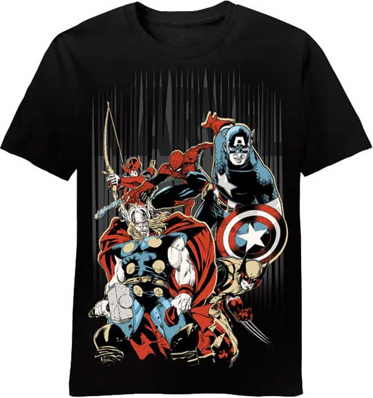 Marvel Avengers heroes arise graphic on a black adult t-shirt.