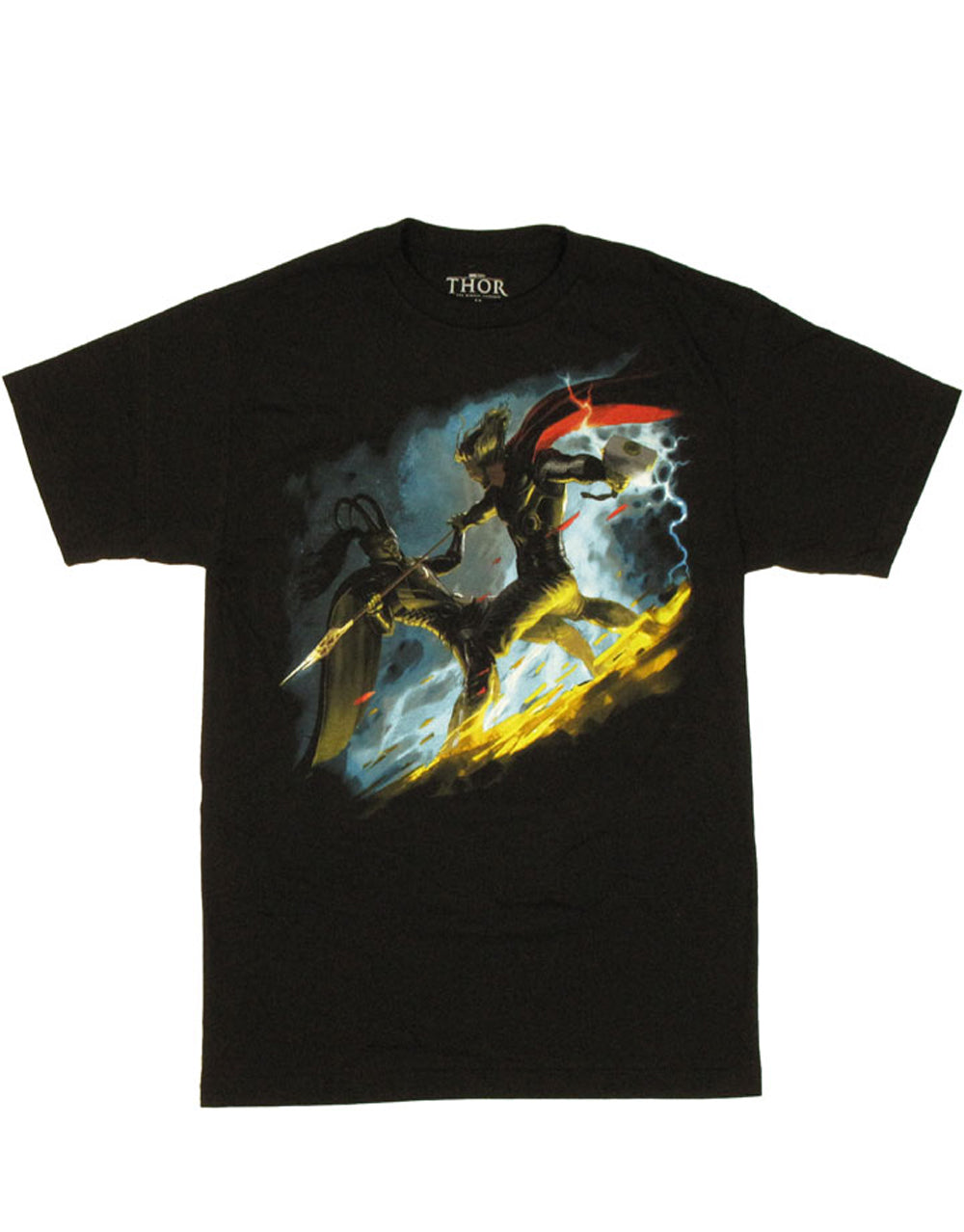 Thor perfect defense graphic on a black adult t-shirt.