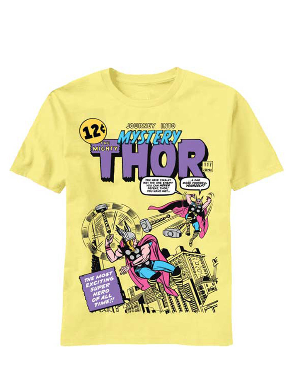 Thor double comic graphic on a yellow adult t-shirt.