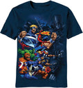Marvel Avengers attack attack graphic on a black adult t-shirt.