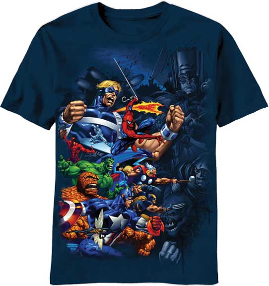Marvel Avengers attack attack graphic on a black adult t-shirt.