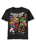 Spider-Man avengers warmongers graphic on a black adult t-shirt.
