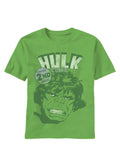 Hulk smash 2nd issue graphic on a green adult t-shirt.