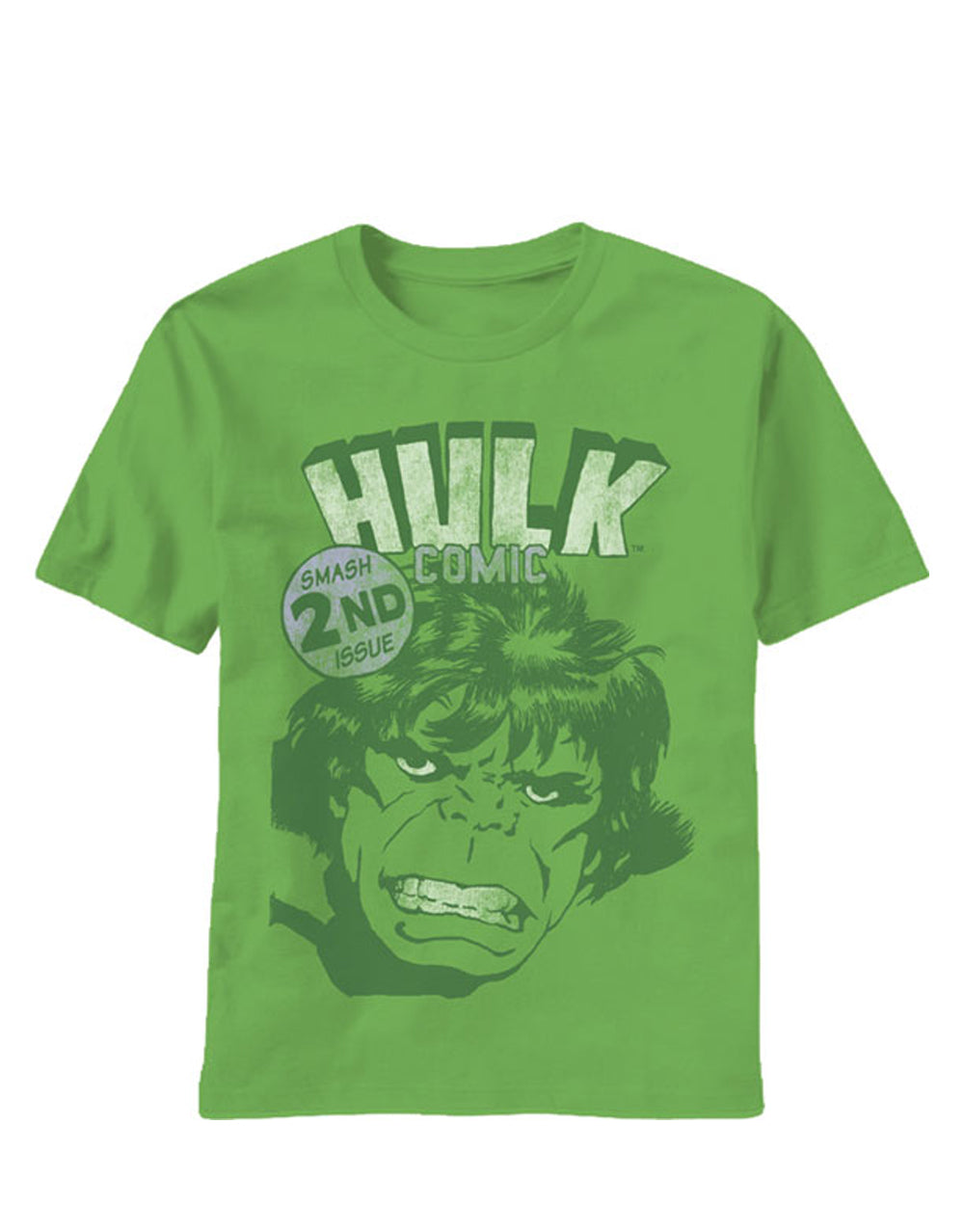 Hulk smash 2nd issue graphic on a green adult t-shirt.