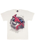 Spiderman search wall graphic on a white adult t-shirt.