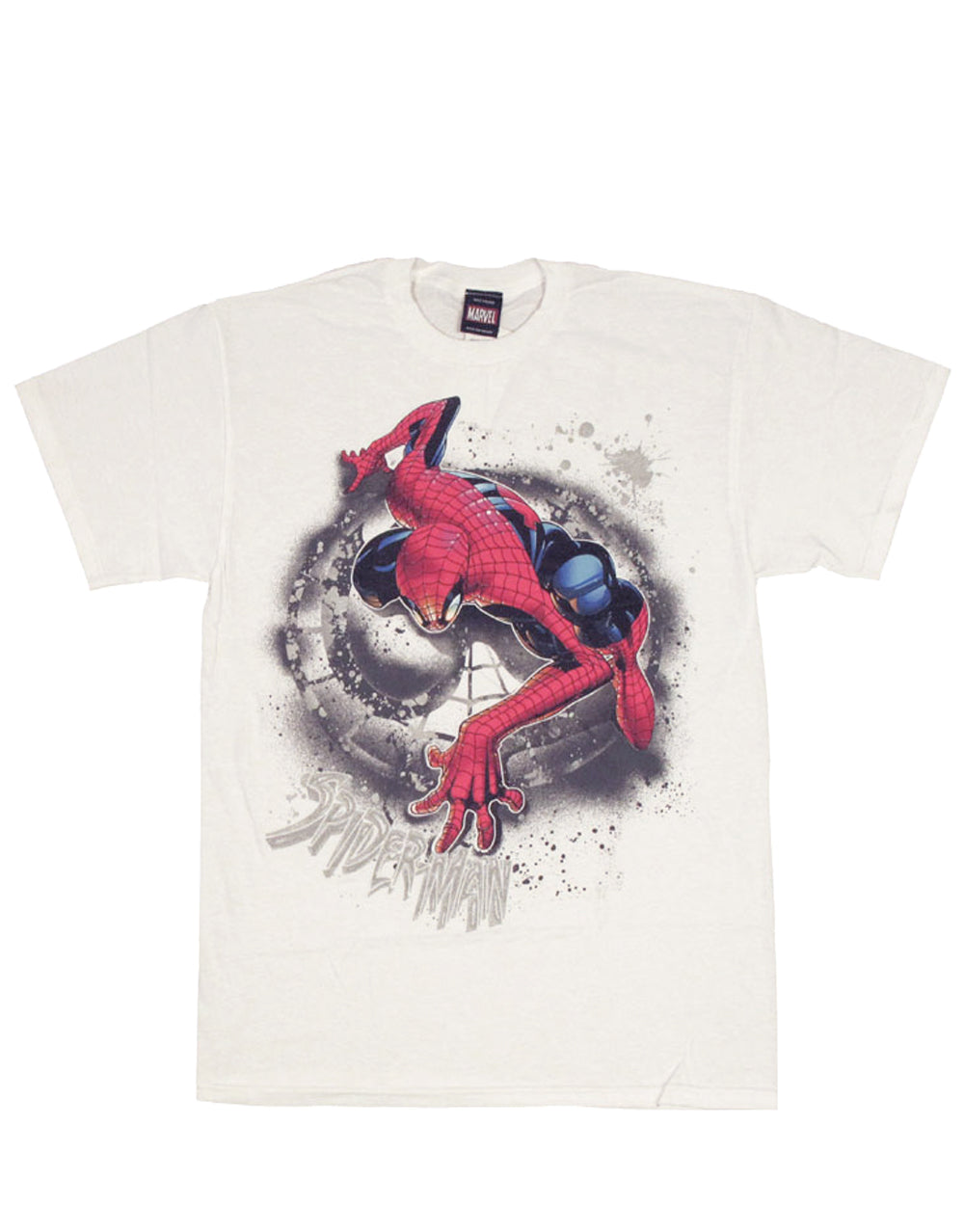 Spiderman search wall graphic on a white adult t-shirt.