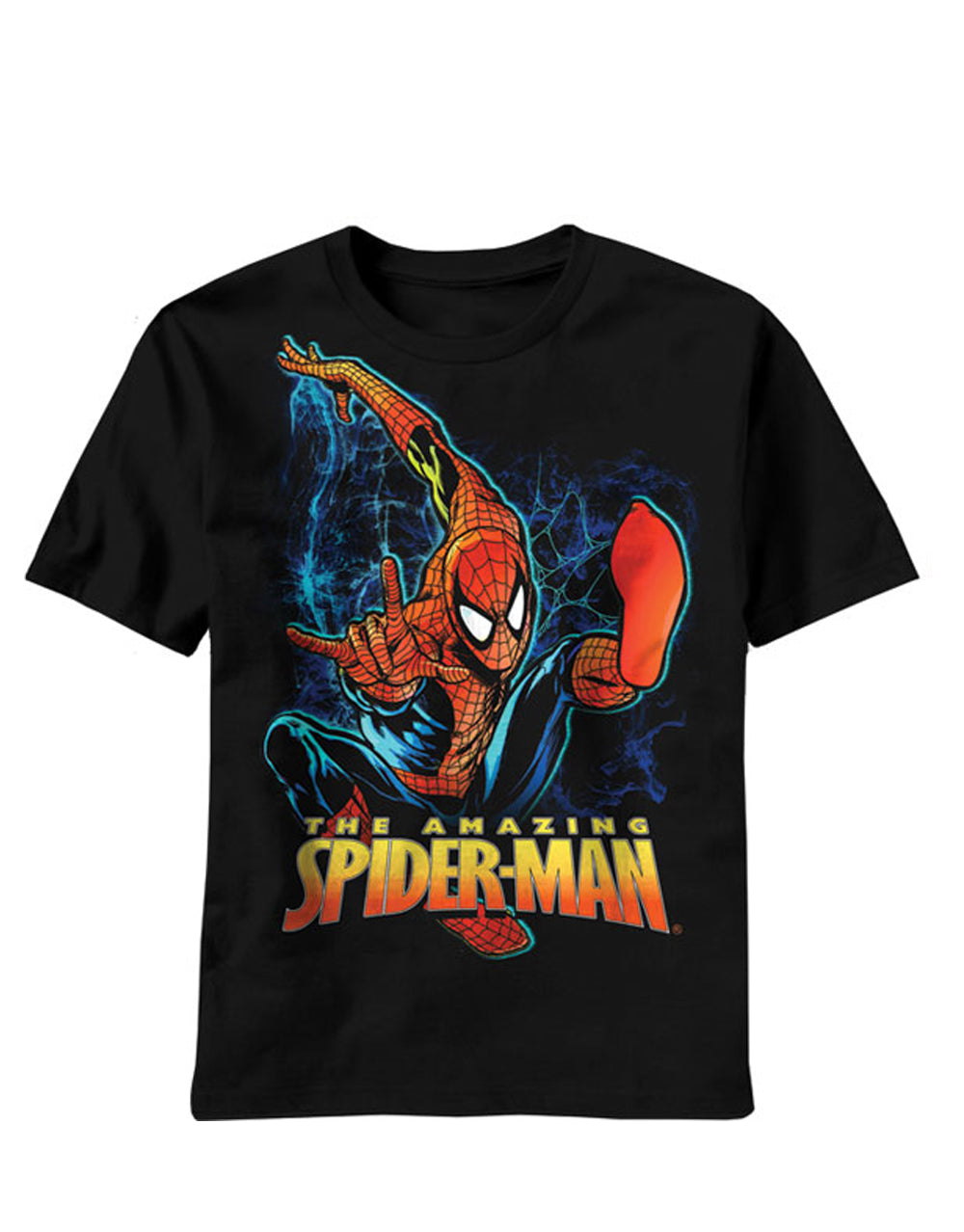 Spider-Man spideys entity graphic on a black adult t-shirt.