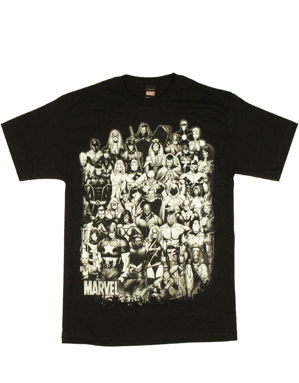 Marvel Avengers desensitized graphic on a black adult t-shirt.
