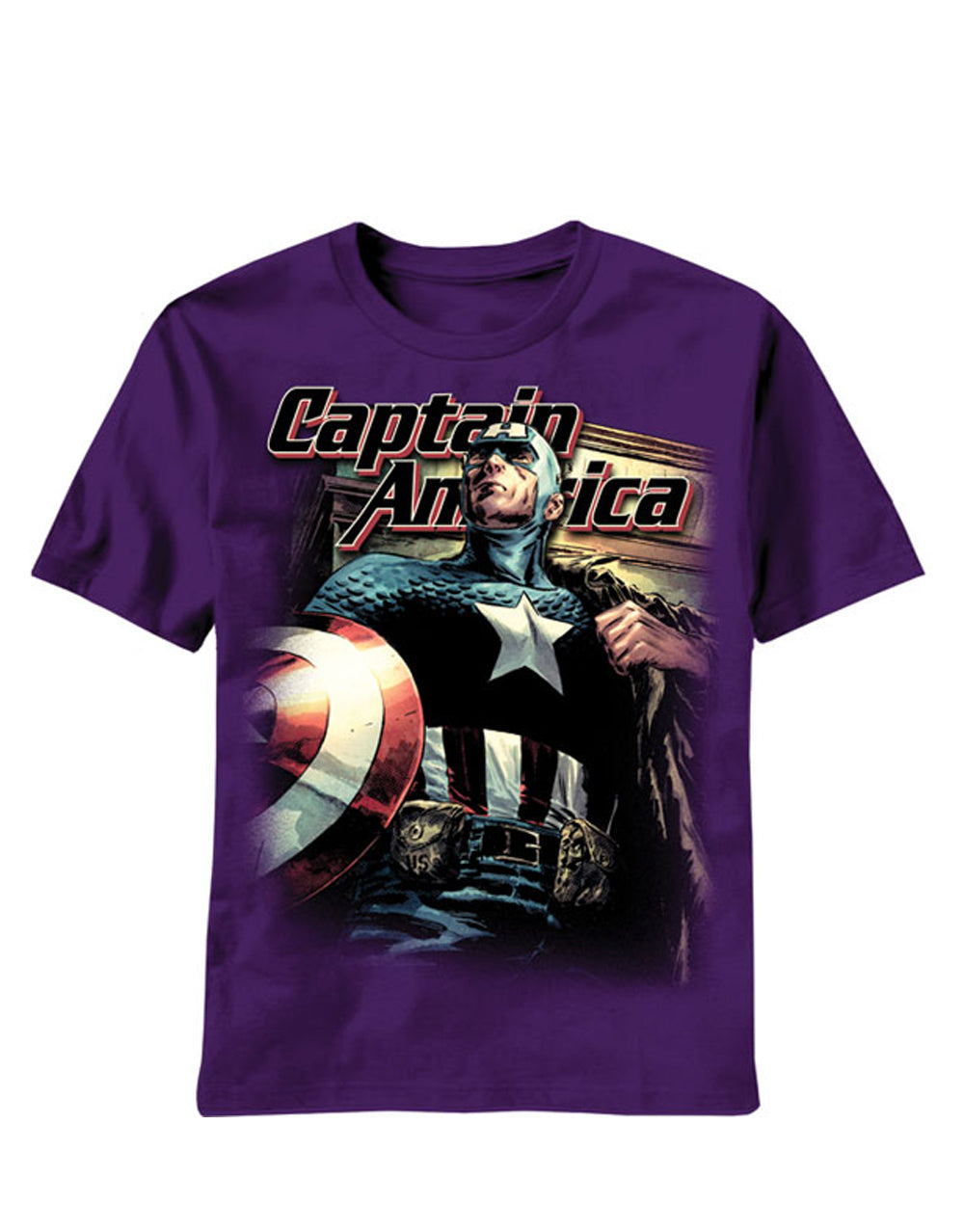 Captain America cap fierce graphic on a purple adult t-shirt.