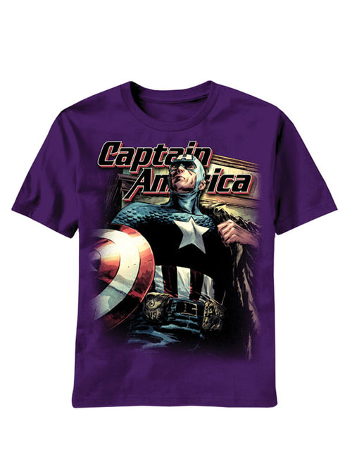 Captain America cap fierce graphic on a purple adult t-shirt.