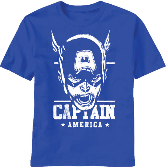 Captain America cap sketch graphic on a blue adult t-shirt.