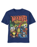Marvel Avengers marvel squad graphic on a navy blue adult t-shirt.