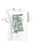 Captain America no sleep for justice graphic on a white adult t-shirt.