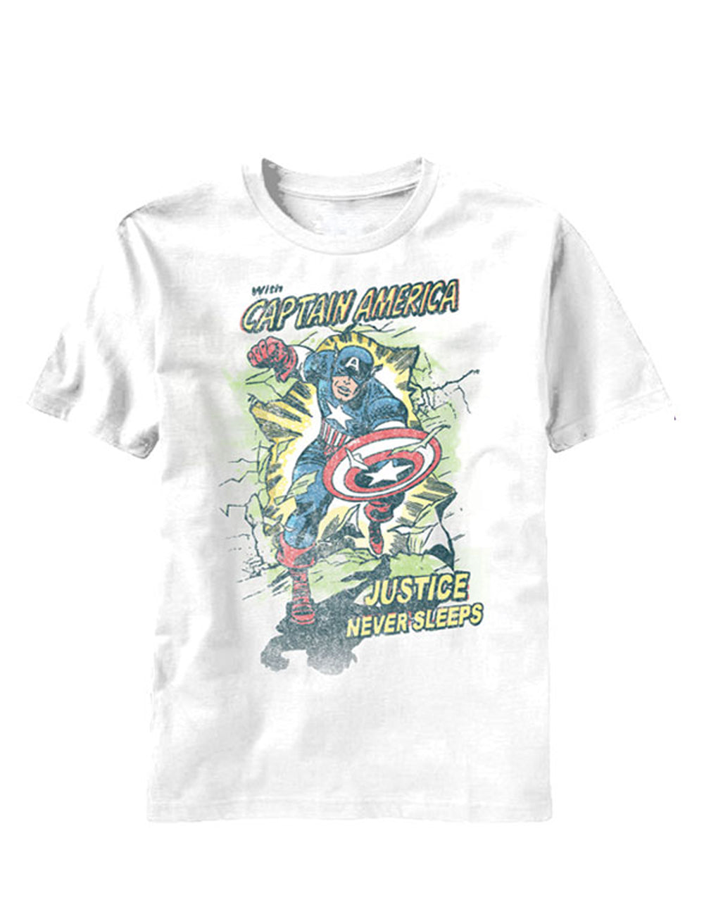 Captain America no sleep for justice graphic on a white adult t-shirt.