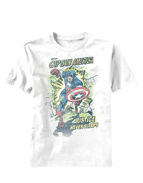 Captain America no sleep for justice graphic on a white adult t-shirt.