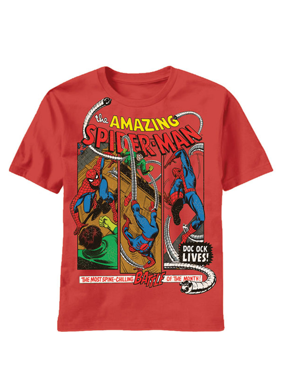 Spider-Man ock lives graphic on a red adult t-shirt.
