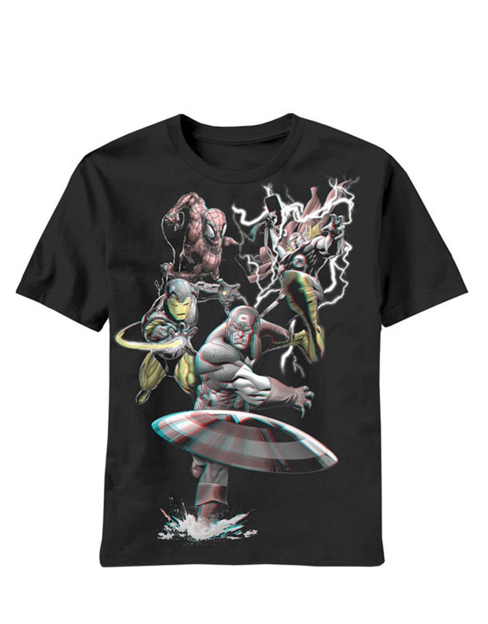 Marvel Avengers colourful display graphic on a black adult t-shirt.