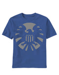 Shield marvel shield logo graphic on a blue adult t-shirt.