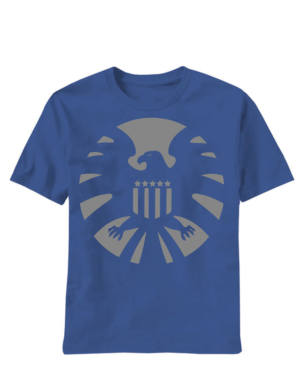 Shield marvel shield logo graphic on a blue adult t-shirt.