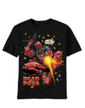 Deadpool shoot-out graphic on a black adult t-shirt.