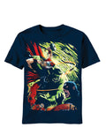 Marvel Avengers neck brace graphic on a navy blue adult t-shirt.