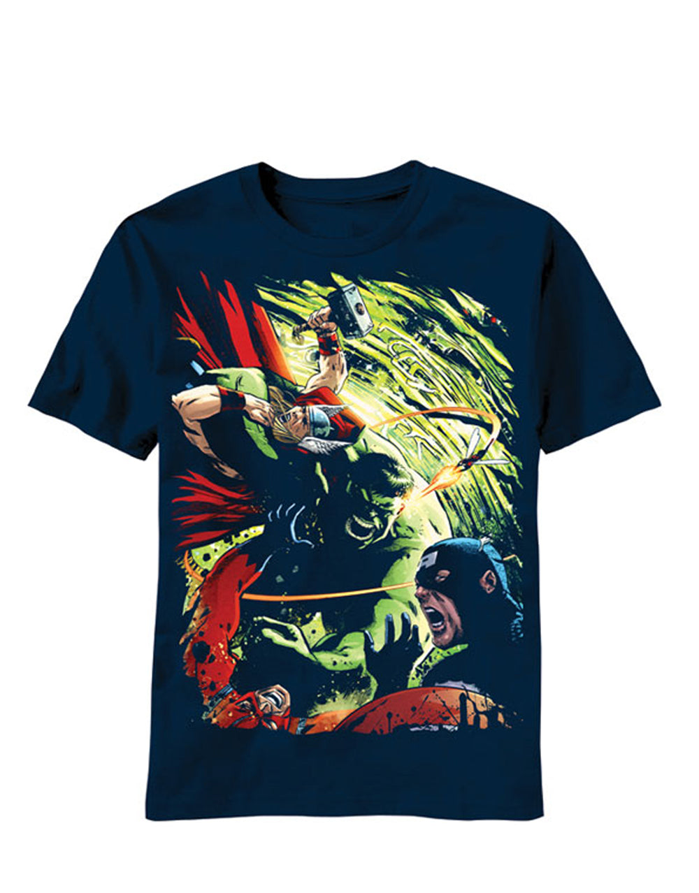 Marvel Avengers neck brace graphic on a navy blue adult t-shirt.