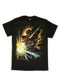 Hawkeye motohawk graphic on a black adult t-shirt.