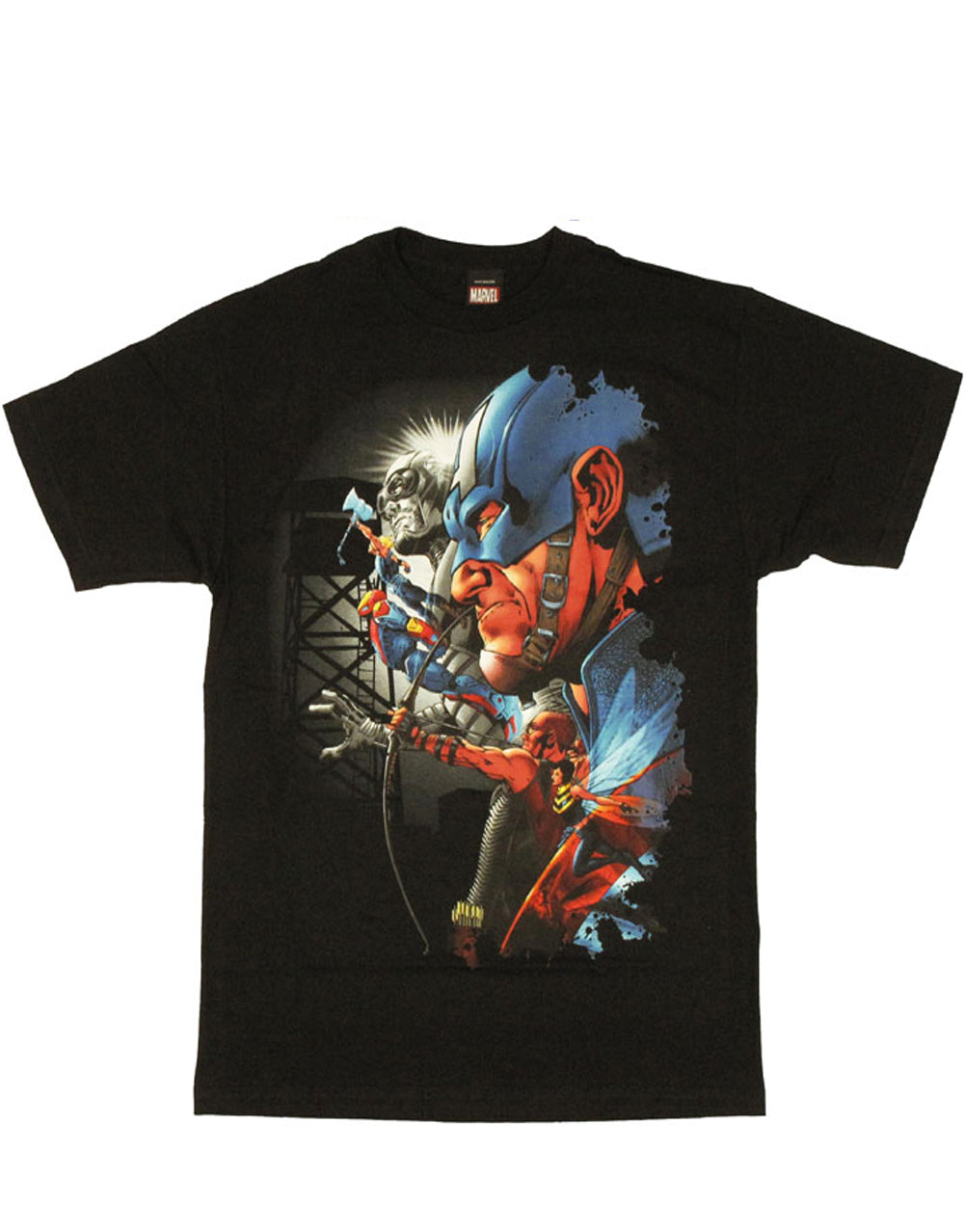 Marvel Avengers marvel crew captain graphic on a black adult t-shirt.