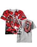 Deadpool dead red graphic on a light grey adult t-shirt.