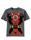Deadpool costume graphic on a grey adult t-shirt.