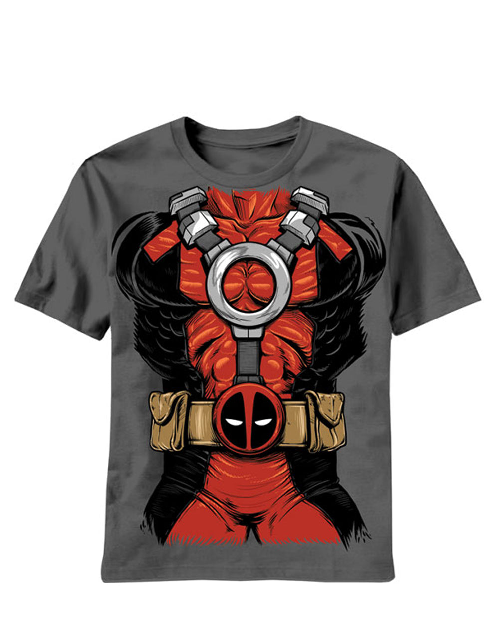 Deadpool costume graphic on a grey adult t-shirt.