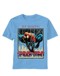 Spider-Man hang on graphic on a blue adult t-shirt.