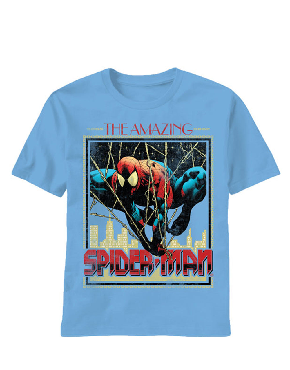 Spider-Man hang on graphic on a blue adult t-shirt.