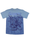 Marvel Avengers assemble sketch blue dip dyed graphic on a blue adult t-shirt.