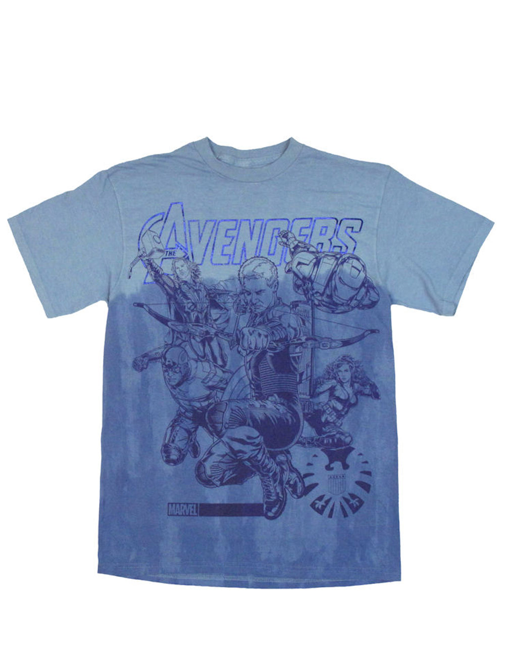 Marvel Avengers assemble sketch blue dip dyed graphic on a blue adult t-shirt.