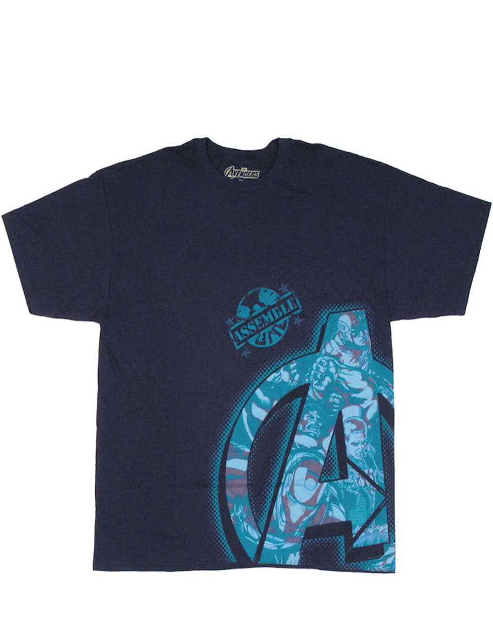 Marvel Avengers assemble top secret squad graphic on a blue adult t-shirt.