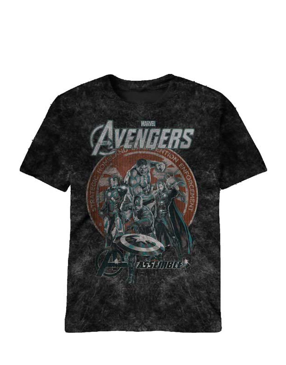 Marvel Avengers assemble seal black mineral wash graphic on a black adult t-shirt.