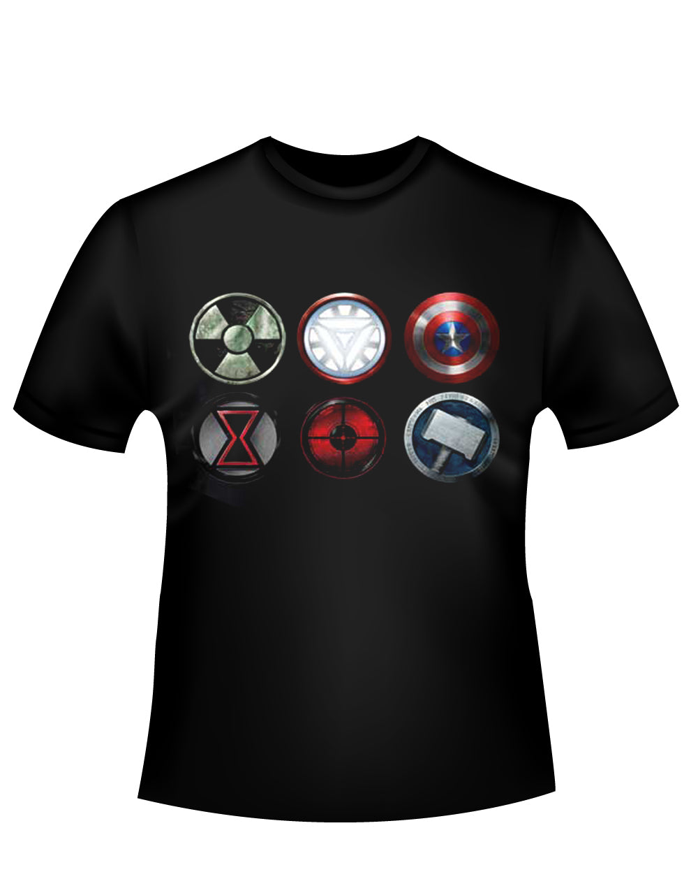 Marvel Avengers assemble straight six logo graphic on a black adult t-shirt.