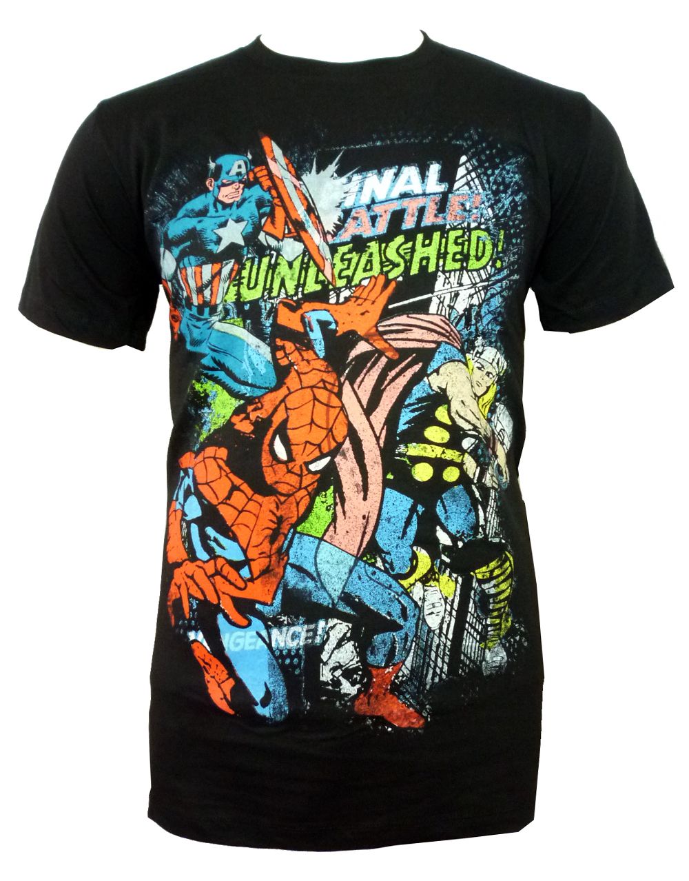 Marvel Avengers unleashed graphic on a black adult t-shirt.