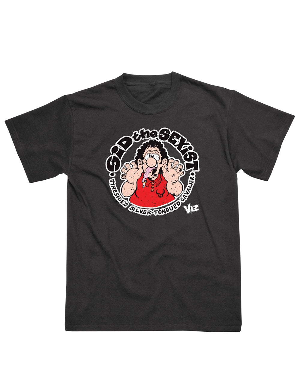 Viz Sid the Sexist graphic on a black adult t-shirt.