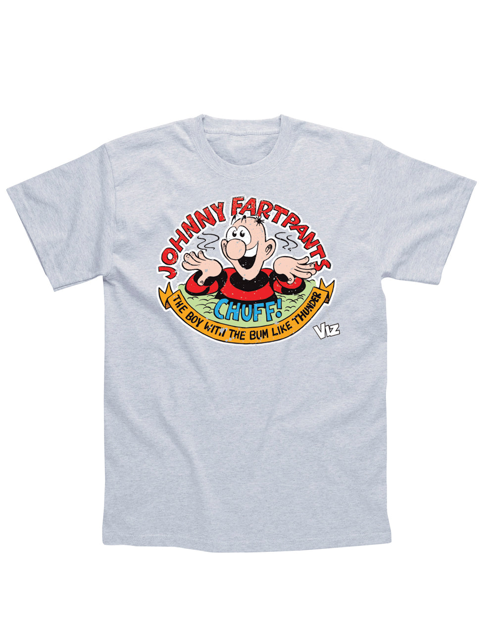 Viz Johnny Fartpants graphic on a grey adult t-shirt.