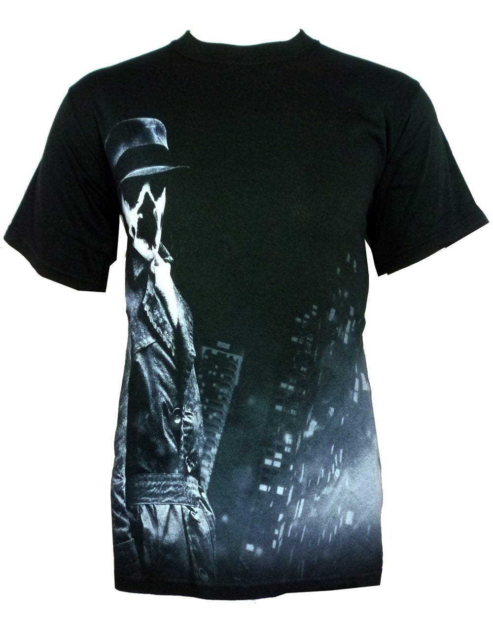 Watchmen Rorschach atmosphere graphic on a black adult t-shirt.