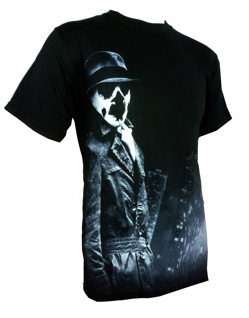 Watchmen Rorschach atmosphere graphic on a black adult t-shirt.
