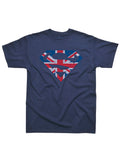 Superman Union Jack UK graphic on a navy blue adult t-shirt.